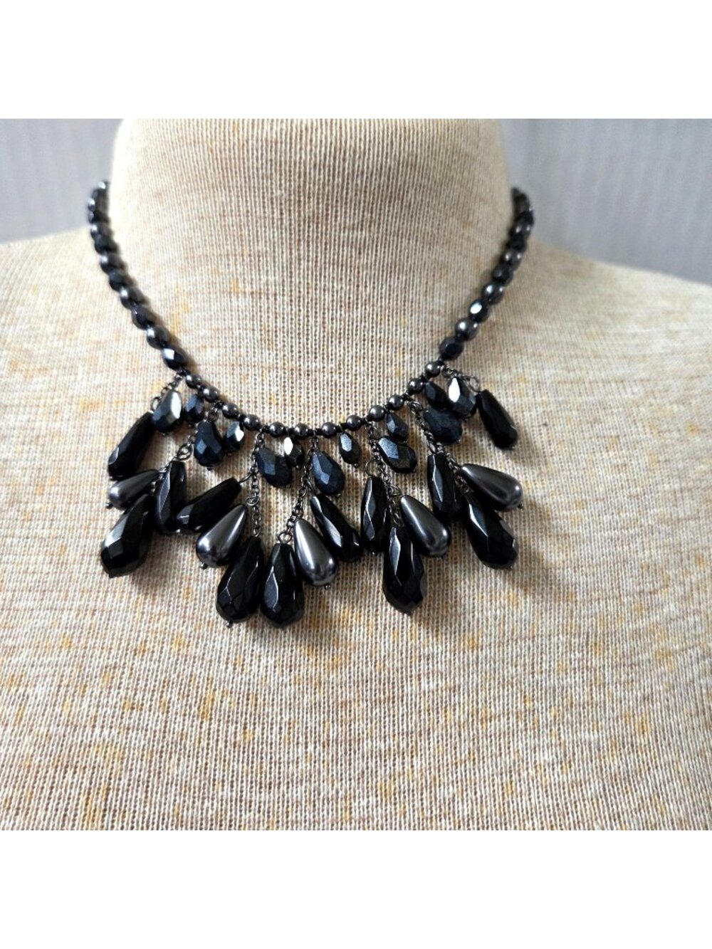 Chicos Necklace Black Gunmetal Faceted Beaded Collar Adjustable Length Party